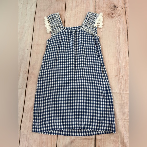 J. McLaughlin Size Medium Dress Linen Blue White Gingham Eyelet Pockets Shift - Picture 5 of 7